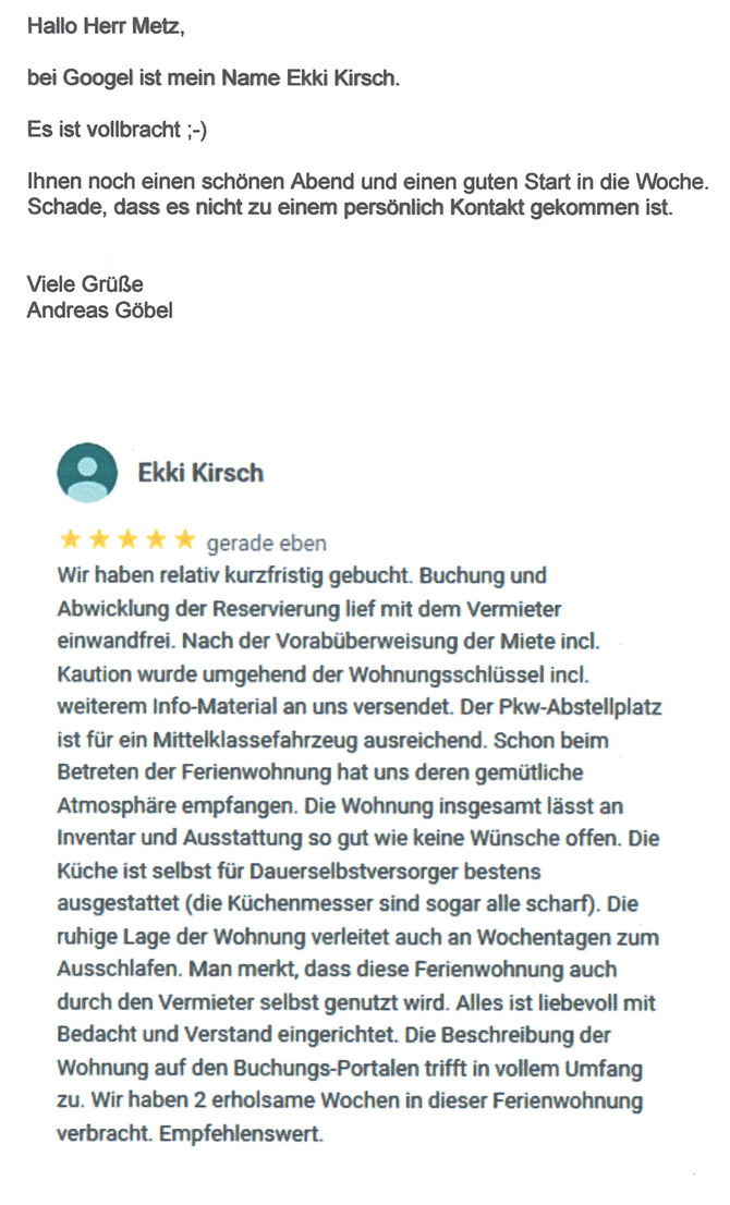 Ferienwohnung in Bastorf - Haus Mare - Bewertung Familie G&Ouml;BEL